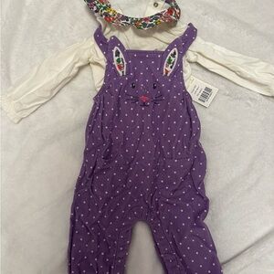 NWT, Mini Boden. Purple Polka Dot Bunny Overalls with White Shirt